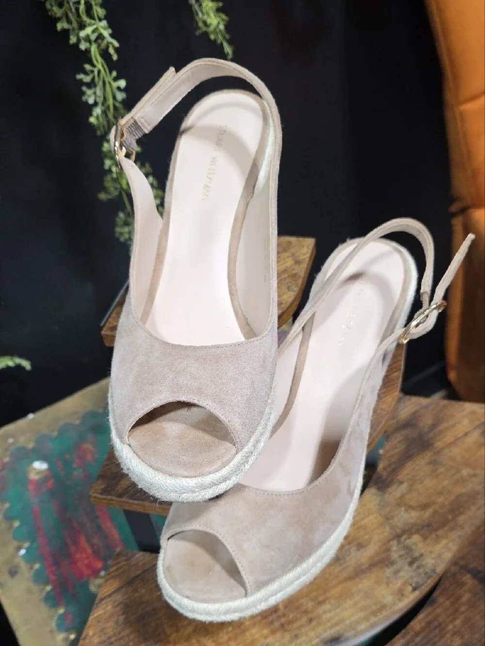 Stuart Weitzman Taupe Suede Espadrille Wedge Slingbacks